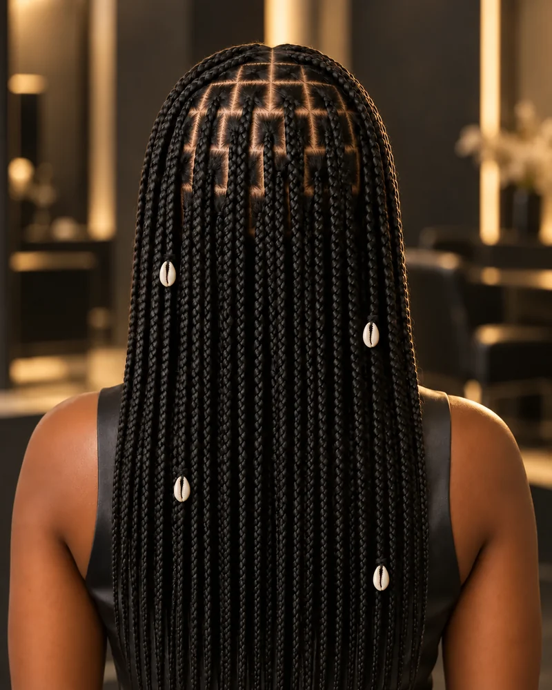 El mismo peinado de box braids con cuatro conchas cauri claras a distintas alturas.