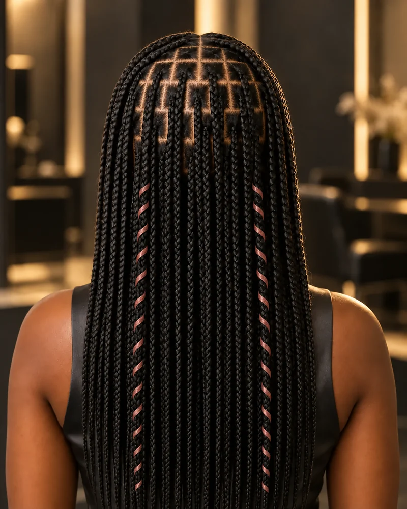El mismo peinado de box braids con cintas color cobre en espiral sobre dos trenzas.