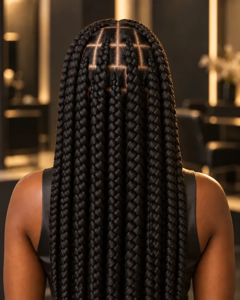 Box braids jumbo vistas desde atr&aacute;s, con pocas trenzas muy gruesas.