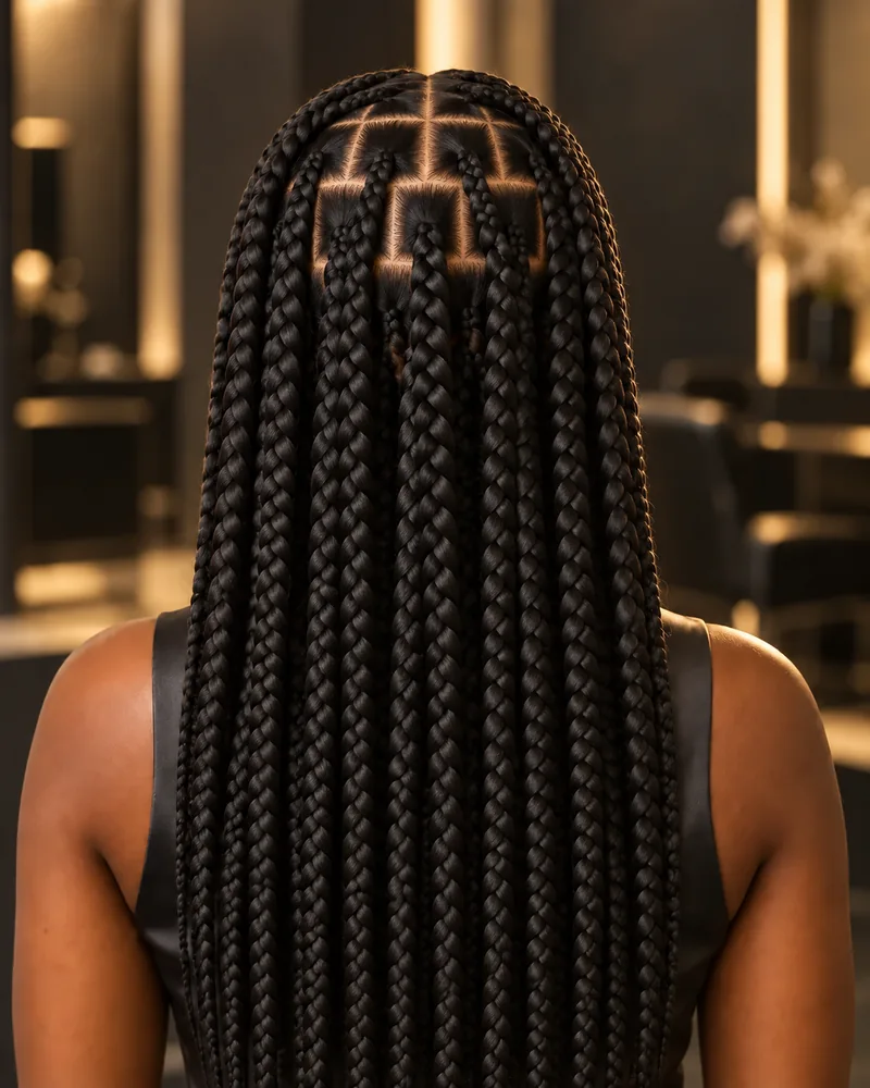 Box braids gruesas vistas desde atr&aacute;s, con las secciones de la ra&iacute;z visibles.