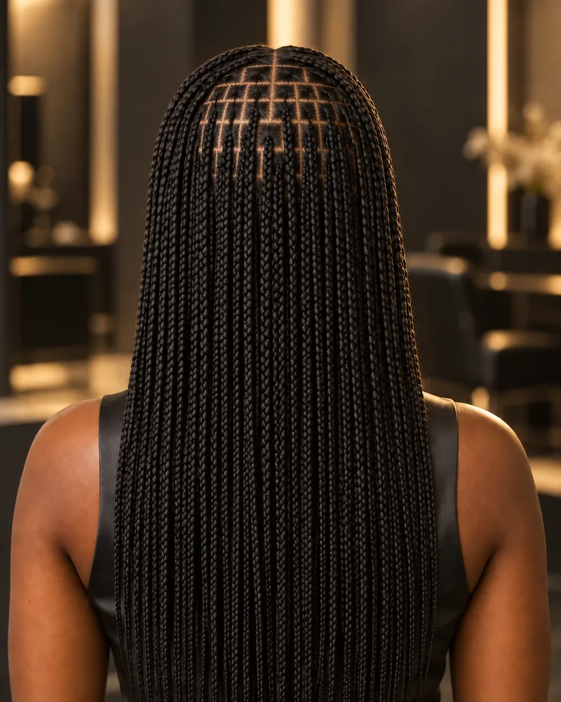 Box braids finas vistas desde atr&aacute;s en el mismo encuadre de comparaci&oacute;n.