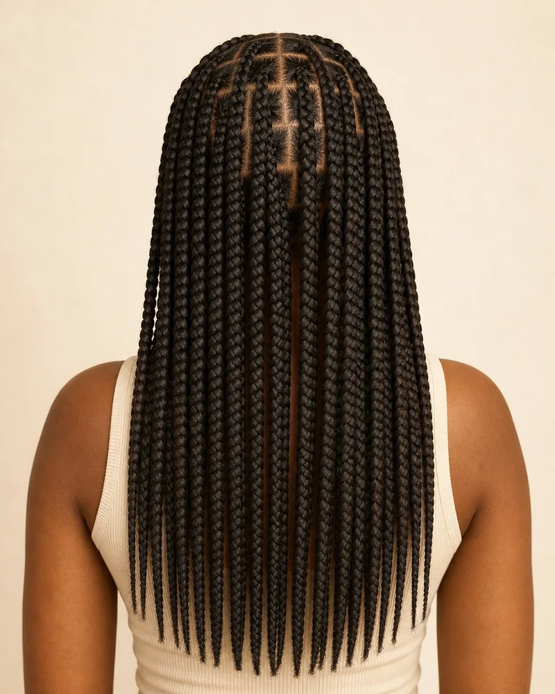 Box braids medianas con particiones cuadradas vistas desde atrás