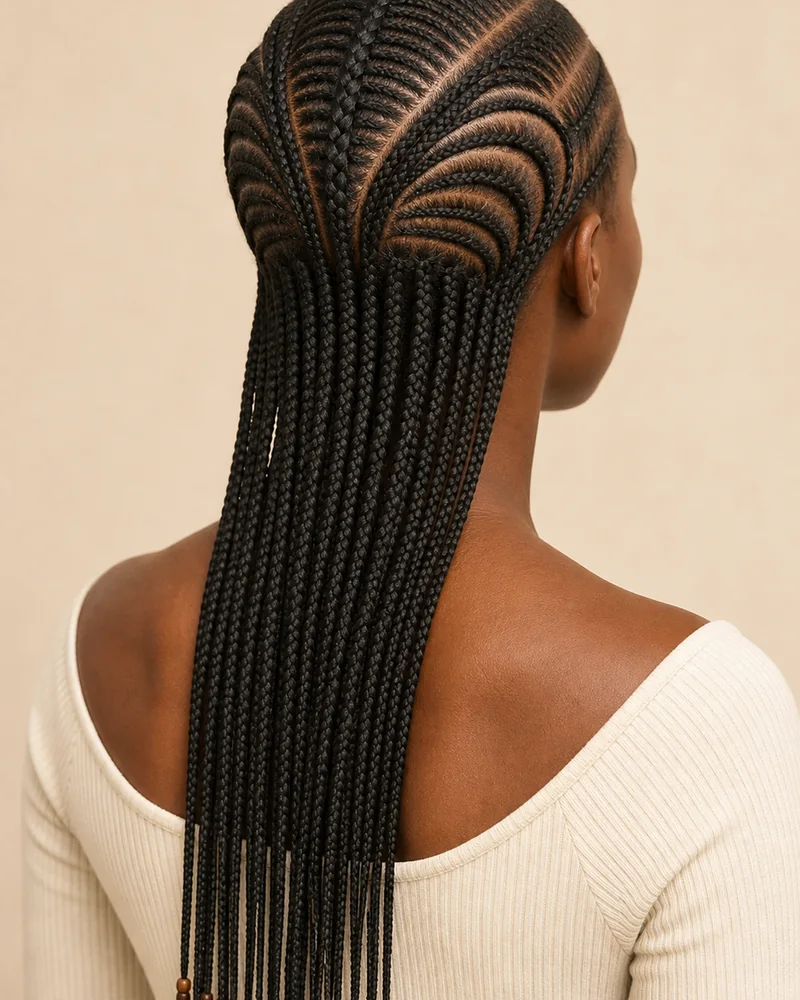 Fulani braids con patrón curvo, trenzas sueltas y cuentas de madera