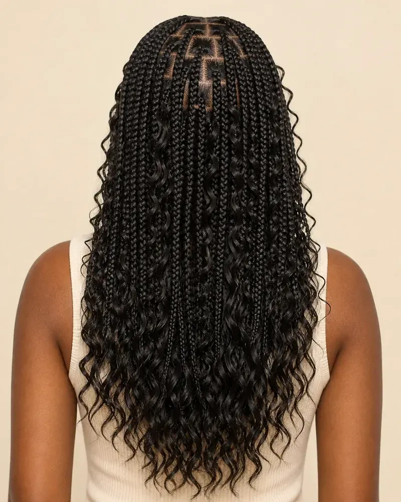 Mitteldicke Boho Knotless Braids mit losen lockigen Str&auml;hnen zwischen den Z&ouml;pfen und welligen Spitzen, die &uuml;ber den R&uuml;cken fallen