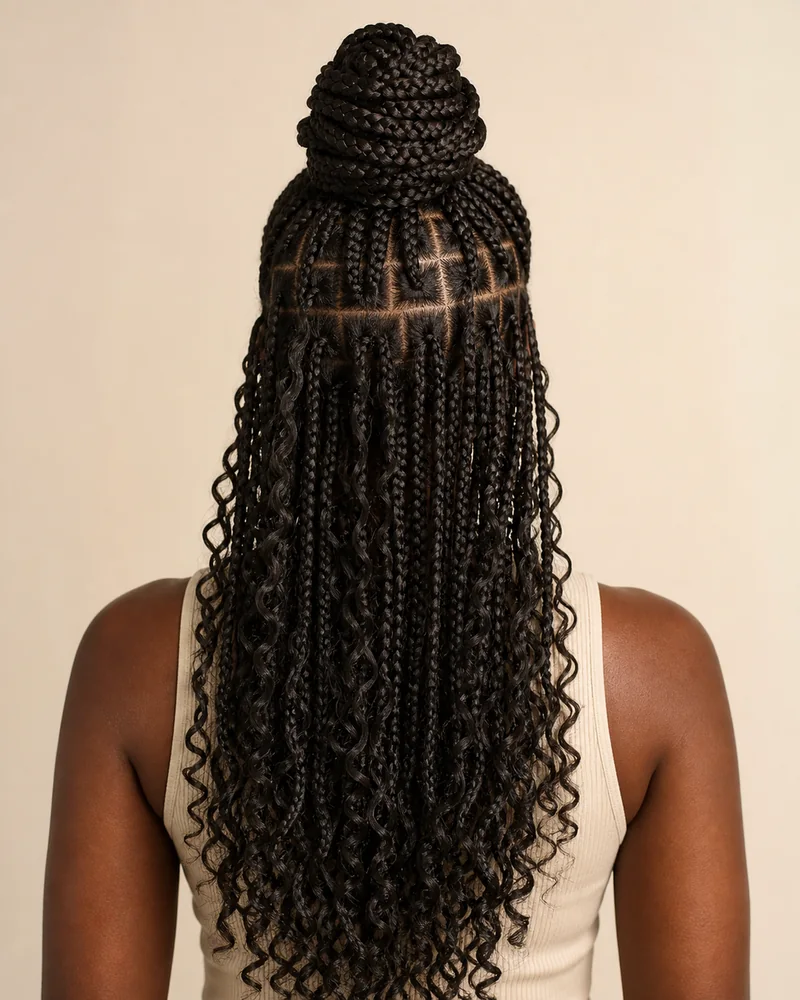 Halboffene Boho-Frisur: hoher Dutt aus Z&ouml;pfen am Oberkopf; die &uuml;brigen Boho Braids und losen Locken fallen darunter frei herunter