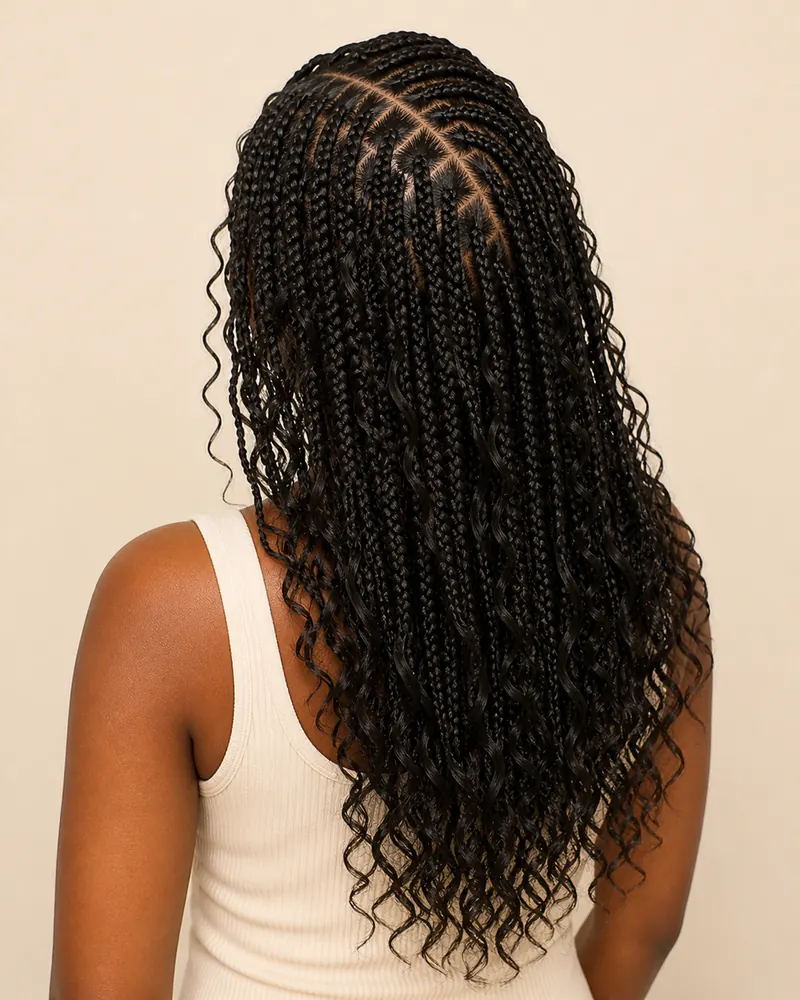 Boho Knotless Braids mit tiefem Seitenscheitel und losen welligen Str&auml;hnen zwischen den Z&ouml;pfen