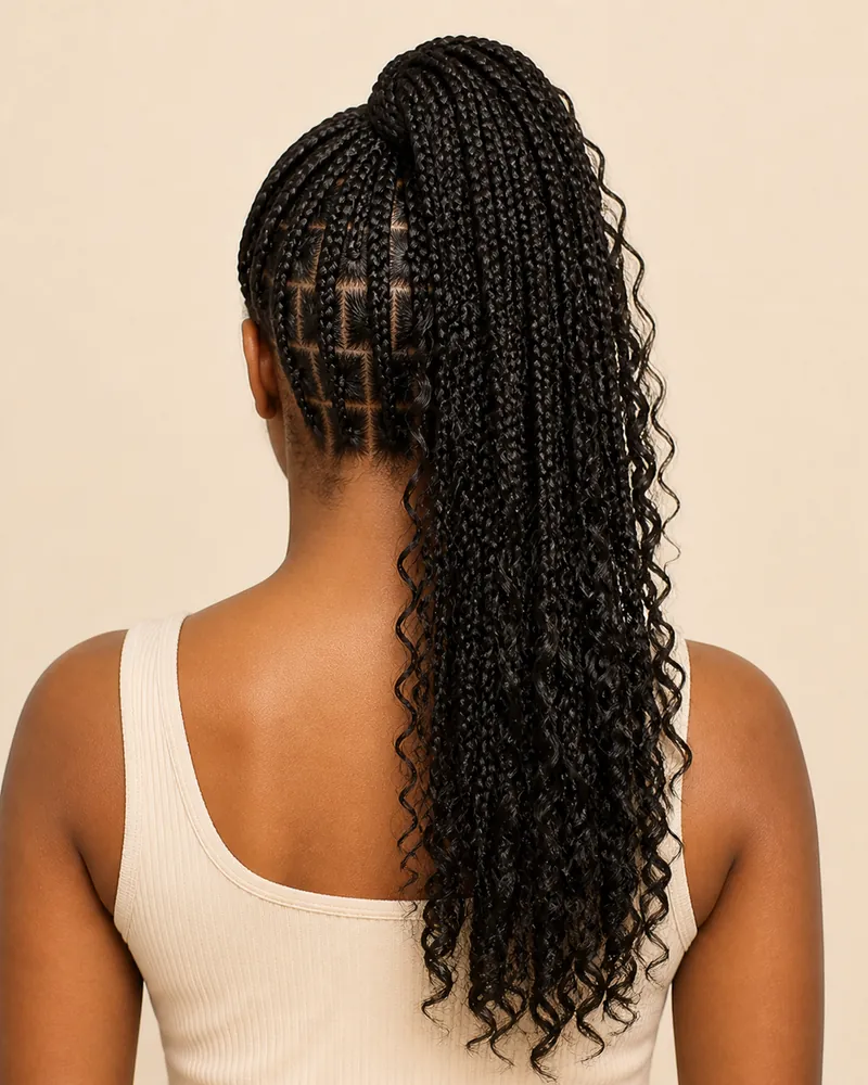 Boho Knotless Braids mit einzelnen Ans&auml;tzen und losen Locken, zu einem hohen Pferdeschwanz zusammengefasst