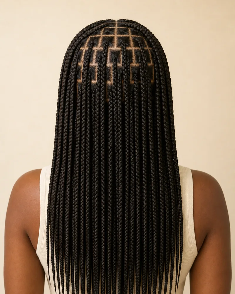 Vista superior y trasera de box braids medianas con particiones cuadradas en cuadrícula regular y trenzas sueltas hasta media espalda