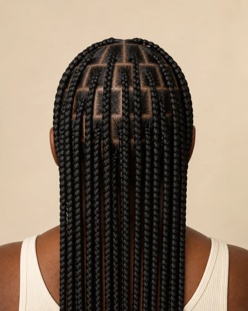 Box braids tradicionales medianas con patrón de ladrillo y una base marcada en la raíz