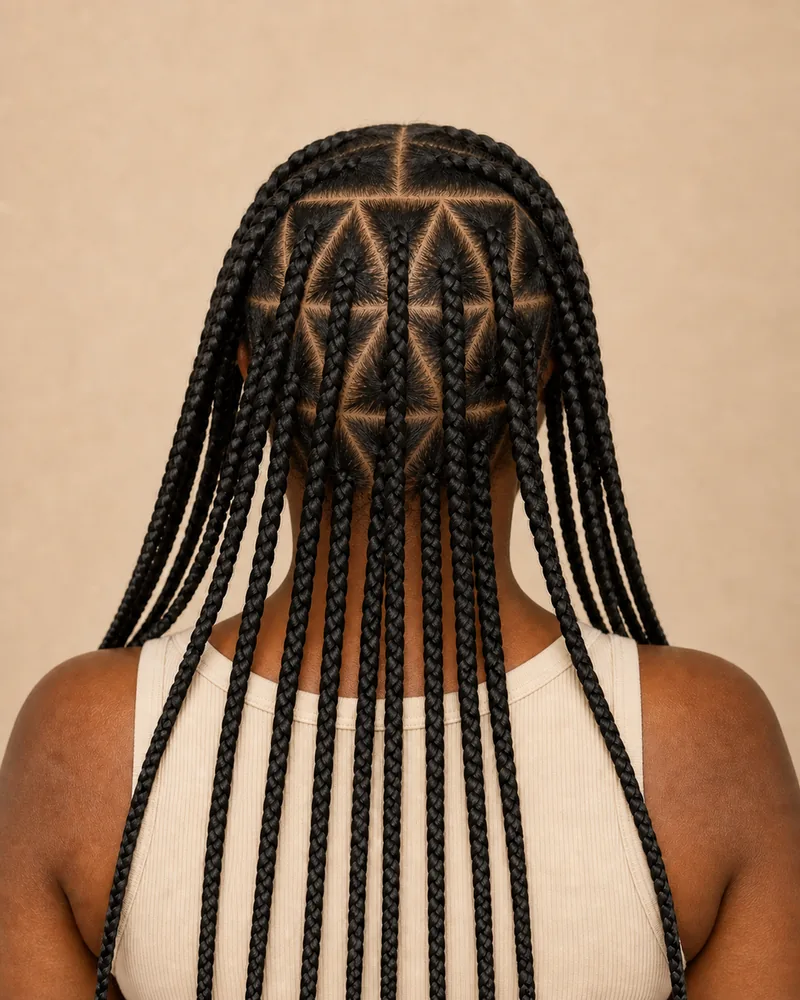 Box braids medianas vistas desde atrás, con particiones triangulares en mosaico y una trenza naciendo en cada sección