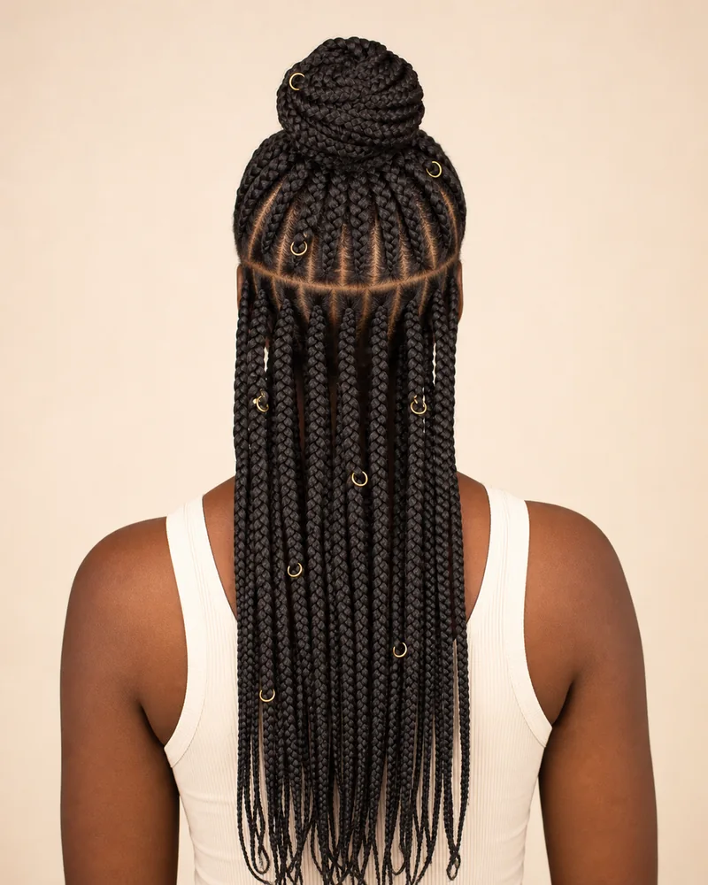 Box braids medianas en semirrecogido con moño alto en la coronilla, mitad inferior suelta por la espalda y anillas metálicas decorativas