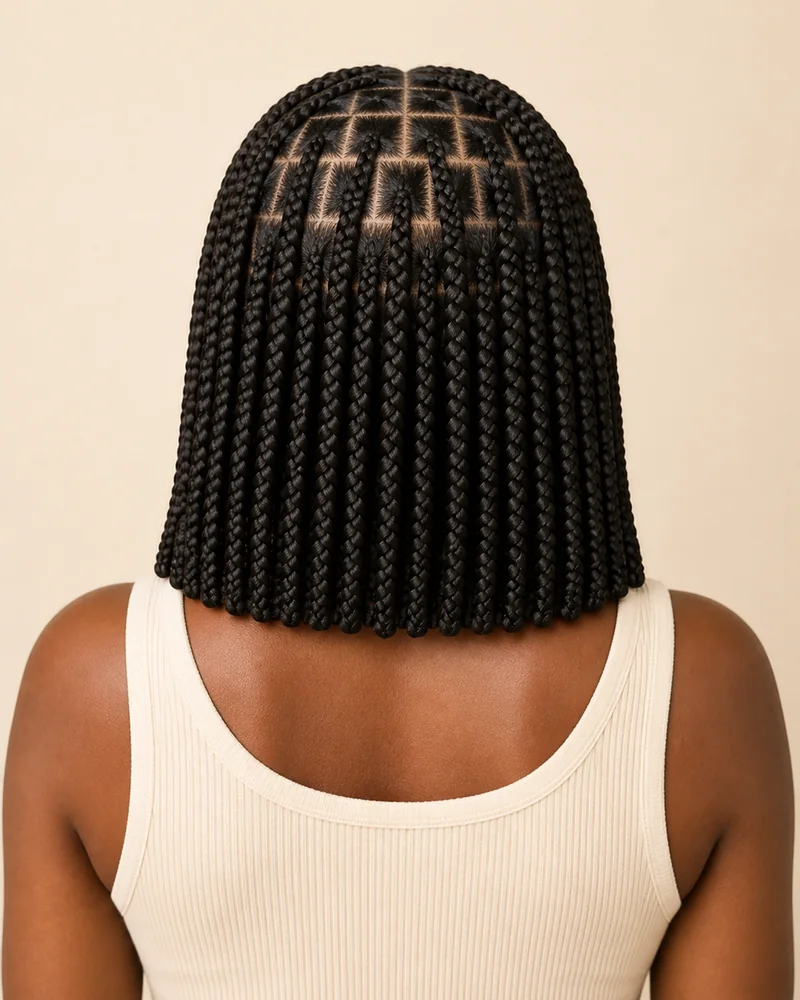 Bob de box braids medianas con particiones cuadradas y largo a los hombros