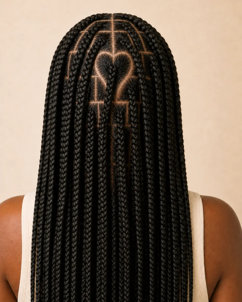 Box braids medianas con una partición de corazón visible junto a la coronilla