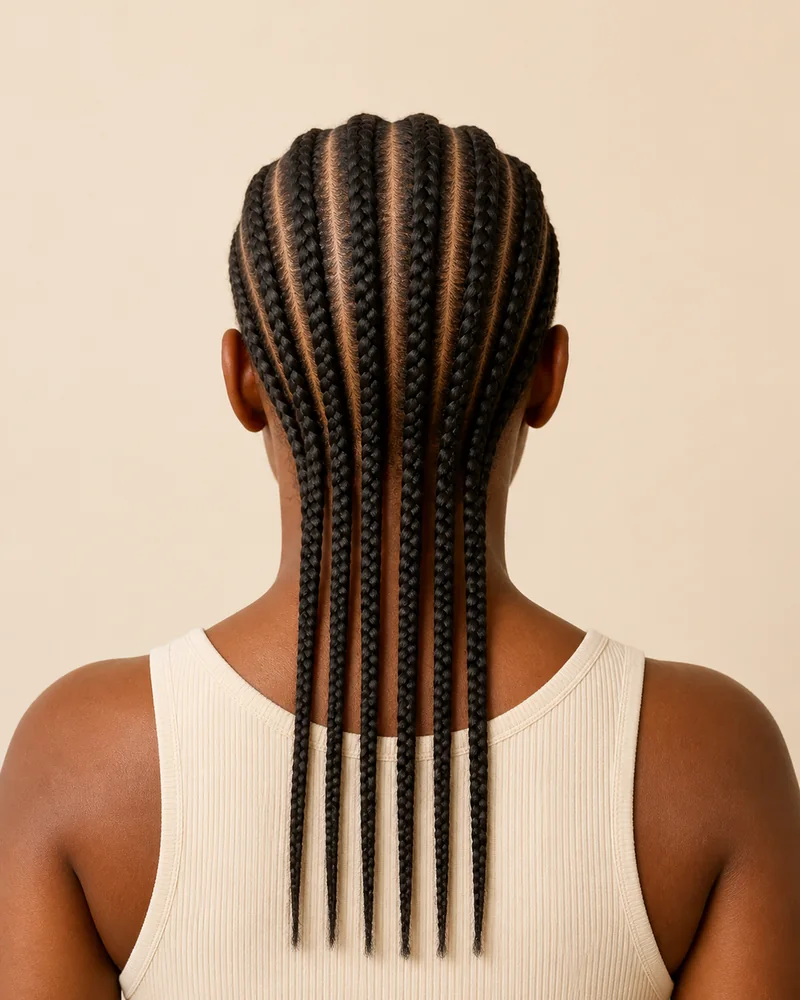 Gerade nach hinten geflochtene Cornrows mit parallelen Abteilungen von der Stirn bis zum Nacken und frei &uuml;ber den R&uuml;cken fallenden Zopfenden
