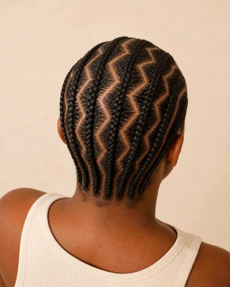 Cornrows mit Zickzack-Abteilungen, die sichtbare Winkel zwischen den Reihen bilden