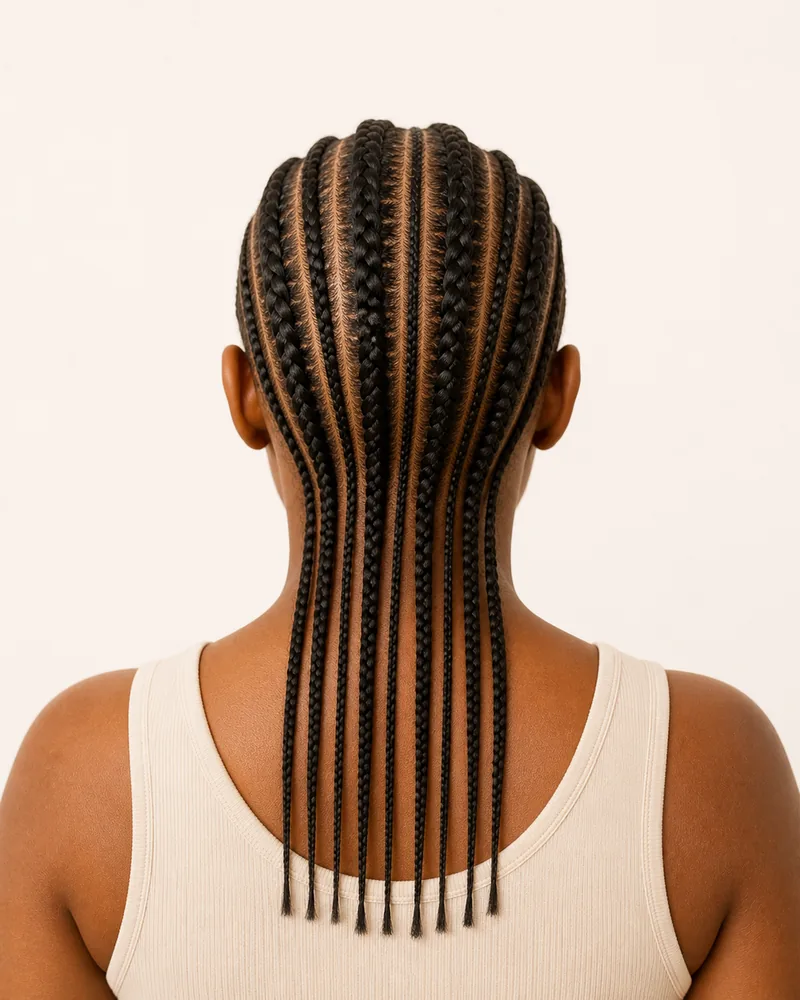 Gerade nach hinten geflochtene Cornrows mit abwechselnd breiten und schmalen Reihen in parallelen Abteilungen