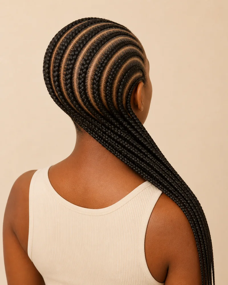 Zur Seite geschwungene Cornrows, deren L&auml;ngen gemeinsam &uuml;ber eine Schulter fallen