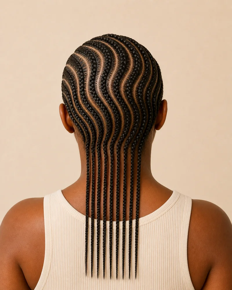 Feine Cornrows mit parallelen S-Kurven vom Oberkopf bis zum Nacken