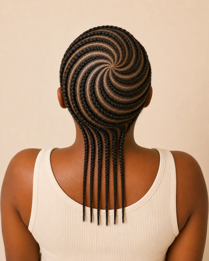 Spiralf&ouml;rmig angeordnete Cornrows um einen sichtbaren Mittelpunkt am Oberkopf