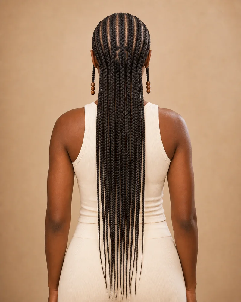 Trenzas Fulani con cornrows rectas, largos sueltos y dos trenzas laterales con cuentas