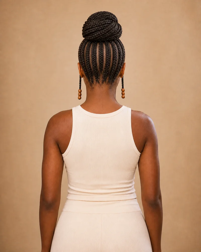 Trenzas Fulani con cornrows recogidas en un moño alto y dos trenzas laterales con cuentas