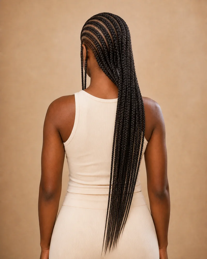 Trenzas Fulani con cornrows diagonales y largos sueltos peinados hacia un hombro