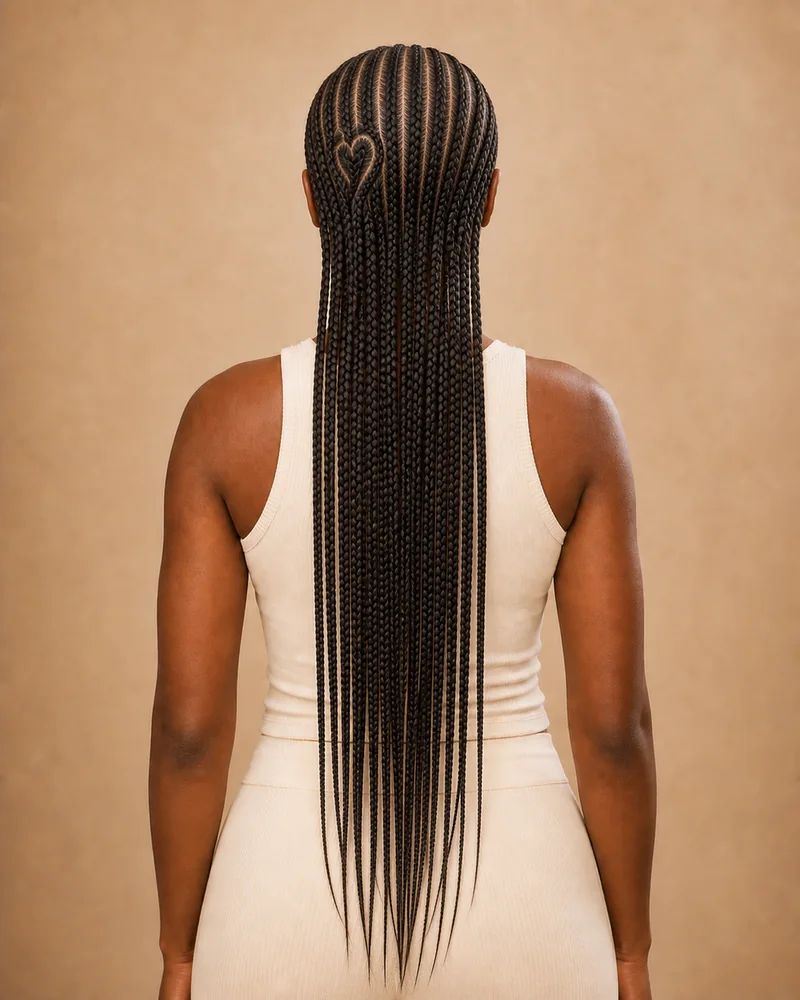 Trenzas Fulani contemporáneas con cornrows rectas, un corazón pequeño y largos sueltos