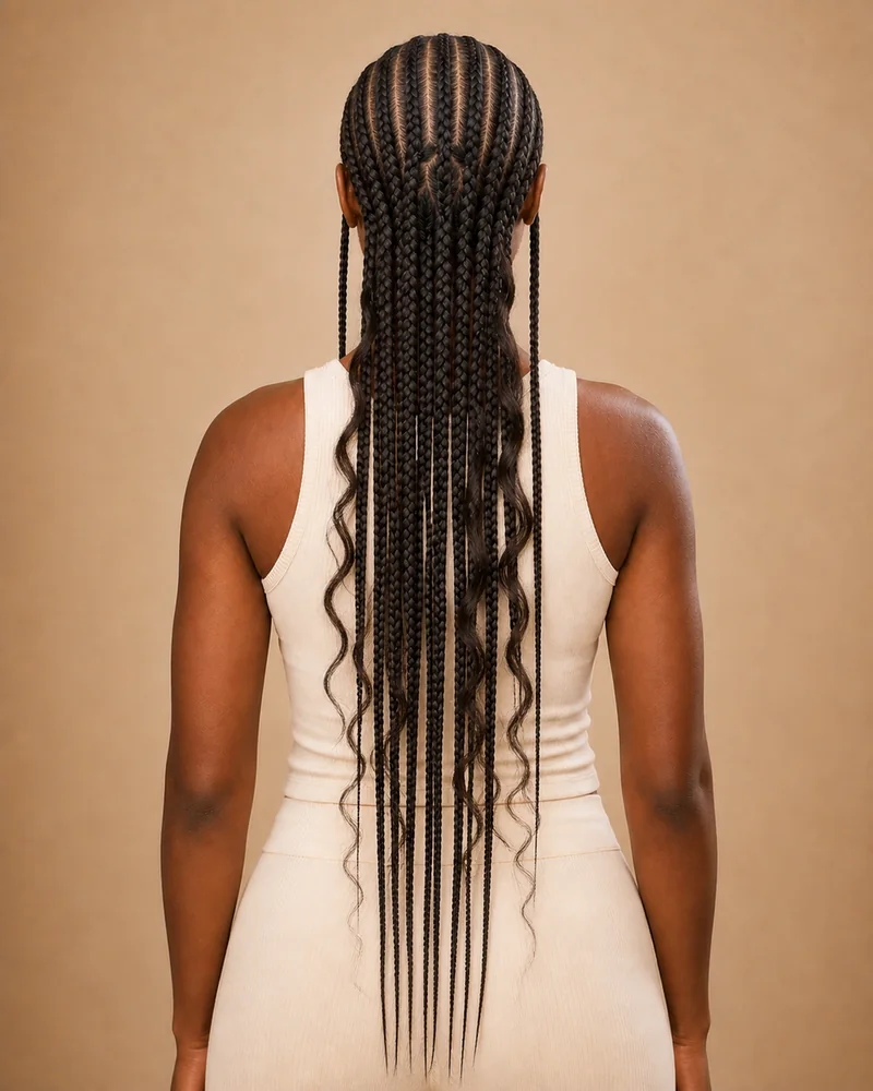 Boho Fulani con cornrows superiores, largos trenzados y ondas sueltas a distintas alturas