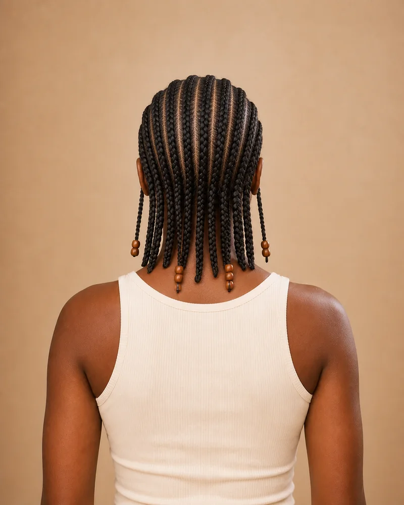Fulani bob con cornrows superiores, largos cortos y cuatro trenzas rematadas con cuentas