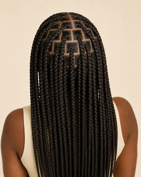 Knotless box braids medianas con patrón de ladrillo y una base plana en la raíz