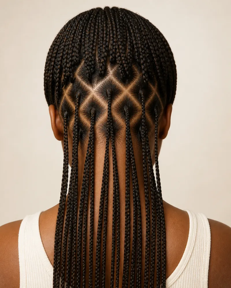 Nuca con knotless braids finas y particiones en forma de rombo