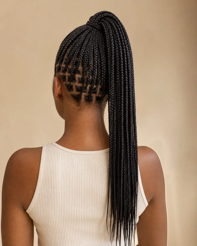 Knotless braids medianas recogidas en una coleta alta con raíces planas visibles