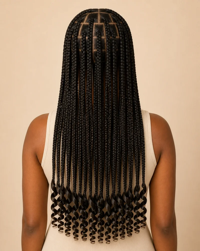 Knotless braids con largos trenzados y puntas amplias de rizo French curl