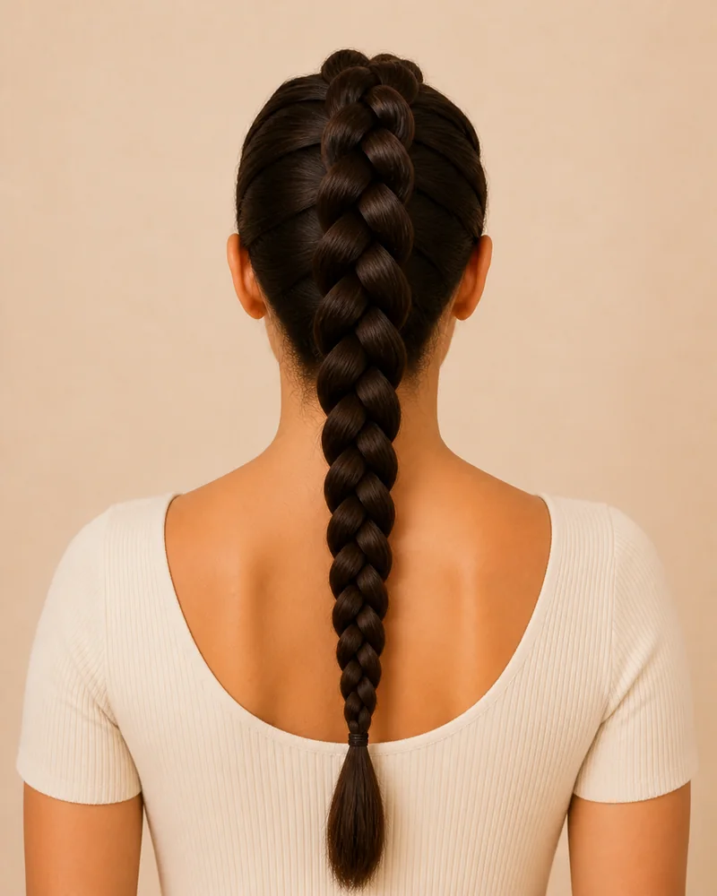 Trenza de raíz holandesa única en relieve que baja recta por el centro de la cabeza, vista desde atrás, con la cola suelta por la espalda