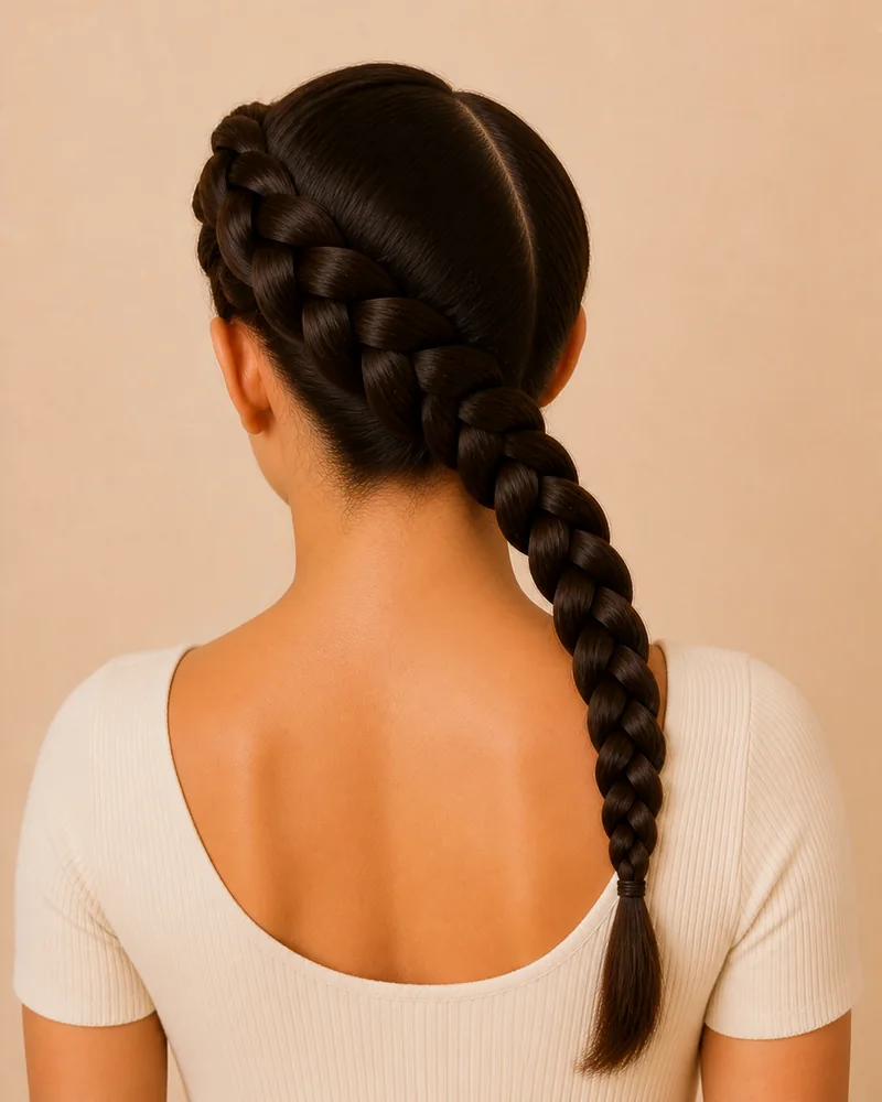 Trenza holandesa lateral que cruza en diagonal la parte posterior de la cabeza