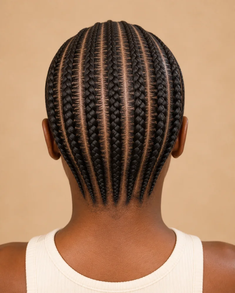 Acht gerade Stitch Feed-in Braids mit gleichmäßig aufgenommenen Haarpartien und parallelen Abteilungen
