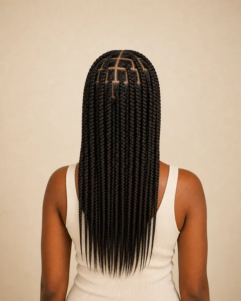 Knotless box braids largas con raíz plana y particiones cuadradas