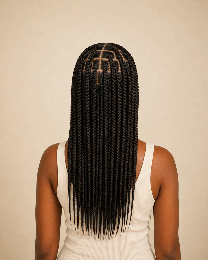 Knotless box braids largas con raíz plana y particiones cuadradas