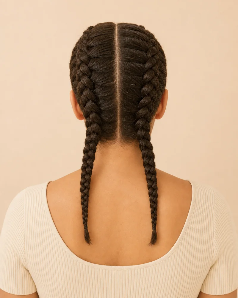 Dos trenzas de raíz holandesas simétricas vistas desde atrás