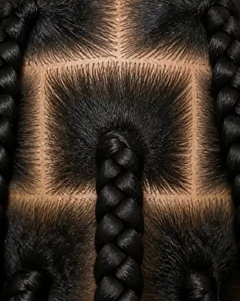 Nahaufnahme einer traditionellen Box Braid mit kompaktem Ansatz und voller Dicke direkt ab der Wurzel