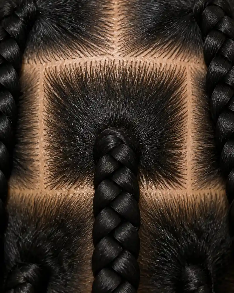 Nahaufnahme einer traditionellen Box Braid mit kompaktem Ansatz und voller Dicke direkt ab der Wurzel