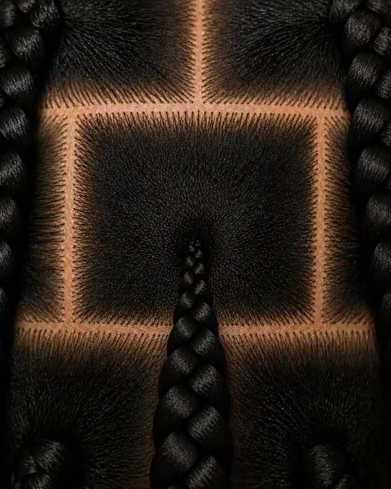 Nahaufnahme einer Knotless Braid, die fein mit eigenem Haar beginnt und durch eingearbeitetes Flechthaar dicker wird
