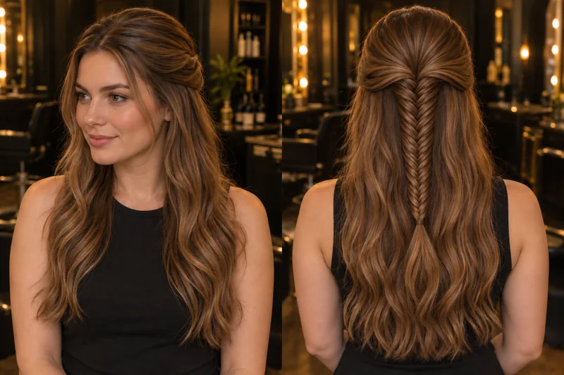 Semirrecogido casta&ntilde;o con una trenza de espiga en el centro y ondas sueltas, de frente y de espalda.