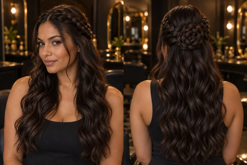Trenzas laterales recogidas en una flor de pelo trenzado sobre melena larga suelta, de frente y por detr&aacute;s.