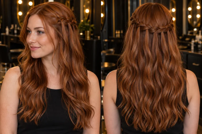Trenza en cascada sobre pelo cobrizo con mechones que caen hacia la melena suelta, vista delantera y trasera.