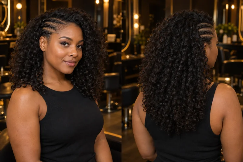 Tres trenzas de ra&iacute;z en una sien con rizos negros sueltos, vistas desde delante y detr&aacute;s.