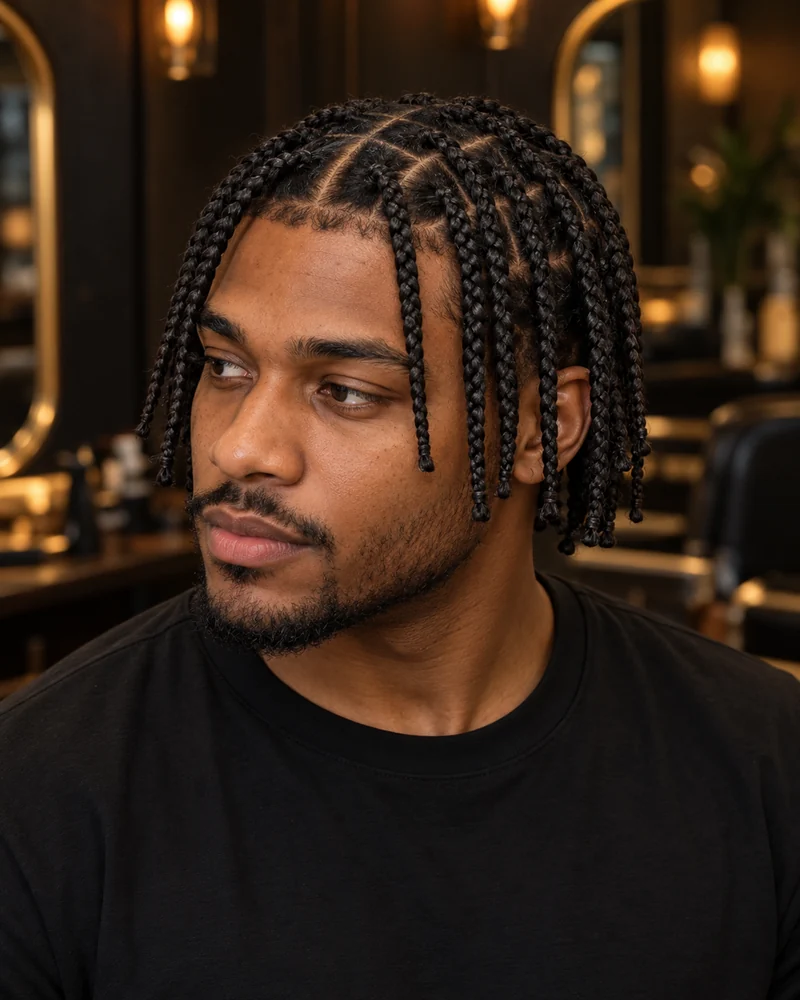 Hombre con box braids individuales cortas alrededor de la cara y secciones cuadradas en la ra&iacute;z.