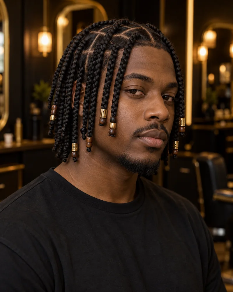 Box braids cortas de hombre decoradas con cuentas de madera y detalles dorados en algunas puntas.