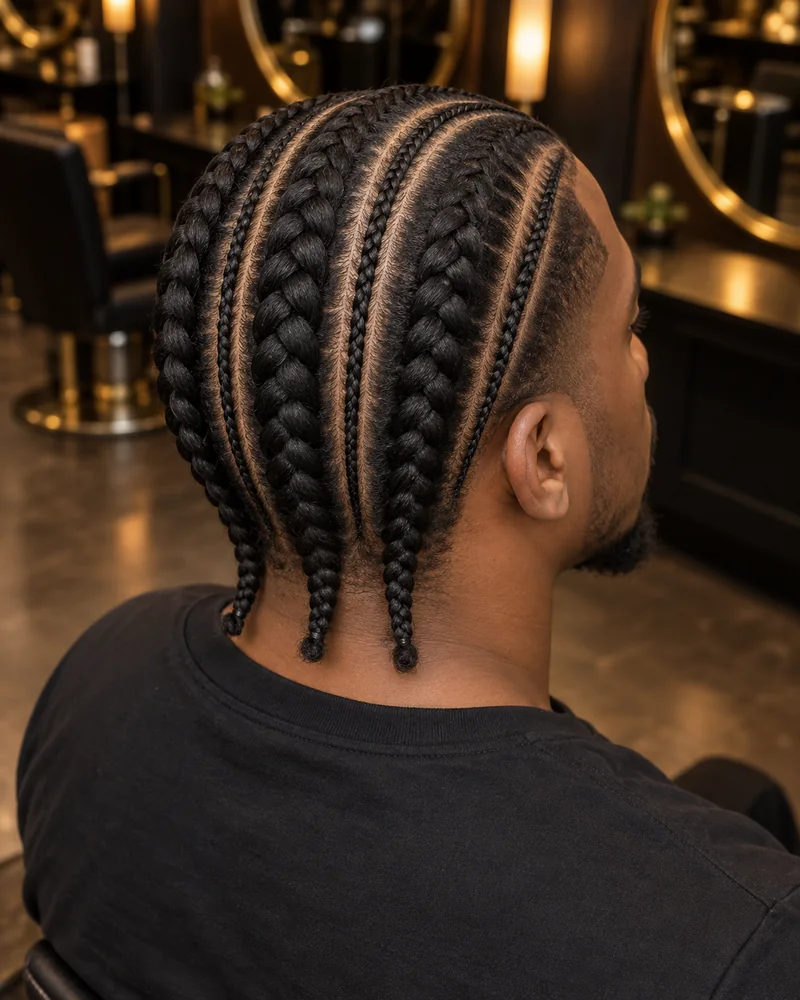 Cornrows rectas de hombre con filas gruesas y finas alternadas, vistas desde atrás.