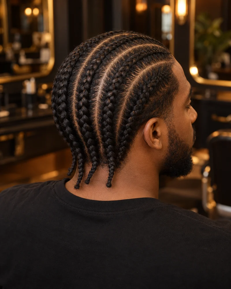 Hombre con cornrows rectas hacia la nuca, visto desde atr&aacute;s y de perfil.